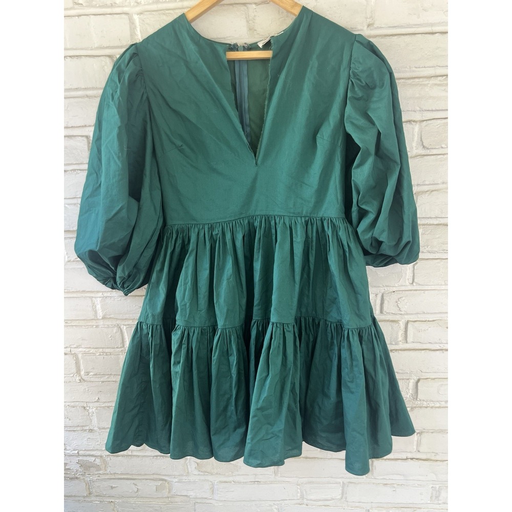 AURA Short Sleeve V-Neck Mini Dress‎ Puff Sleeve in Cypress Green Small